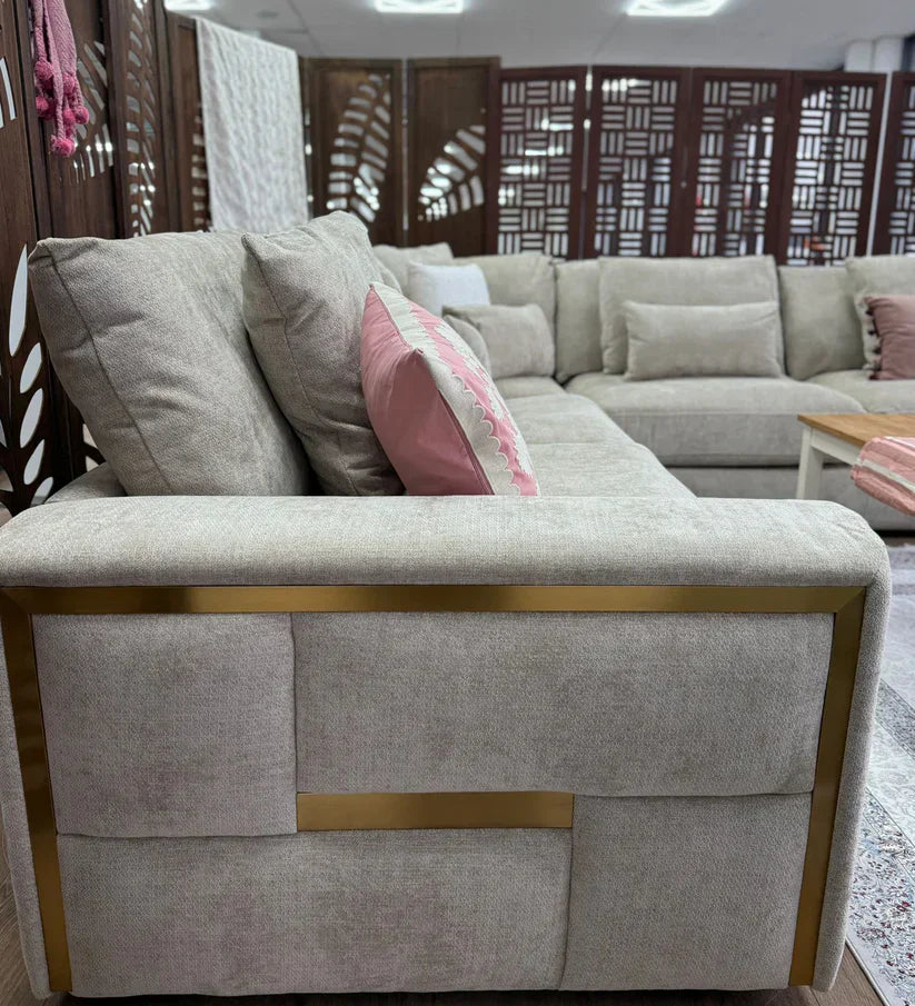 Berlin Sofa Beige Velvet Gold Trim Corner Sofa