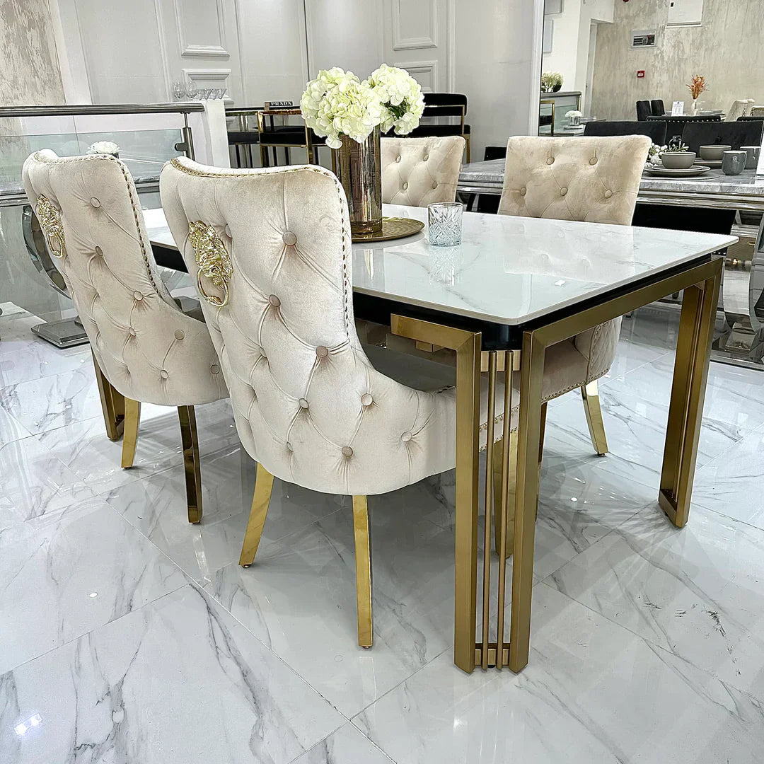 Sorrento 180cm Gold Dining Table with White Ceramic Marble Top + Cream/Gold Lion Knocker Velvet Chairs