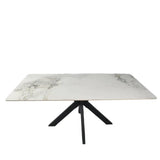 Phoenix 180cm White Ceramic Marble Dining Table With Grey Velvet Black Ring Chairs