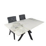 Phoenix 180cm White Ceramic Marble Dining Table With Grey Velvet Black Ring Chairs