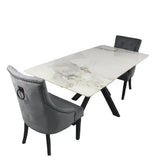 Phoenix 180cm White Ceramic Marble Dining Table With Grey Velvet Black Ring Chairs