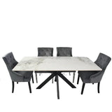 Phoenix 180cm White Ceramic Marble Dining Table With Grey Velvet Black Ring Chairs