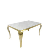 Louis Marble & Gold Dining Table With Victoria Gold Lion Knocker Velvet Chairs