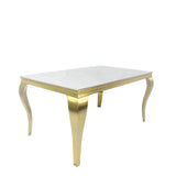 Louis Marble & Gold Dining Table With Lucy Slim Quilted Gold Ring Square Knocker Velvet Chairs