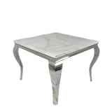 Louis 100CM Marble & Chrome Dining Table With Lucy Slim Quilted Lion Knocker Velvet Chairs