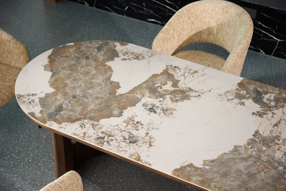 Isabella Oval 200cm Walnut & Pandora Ceramic Marble Dining Table With Clara Fabric Chairs