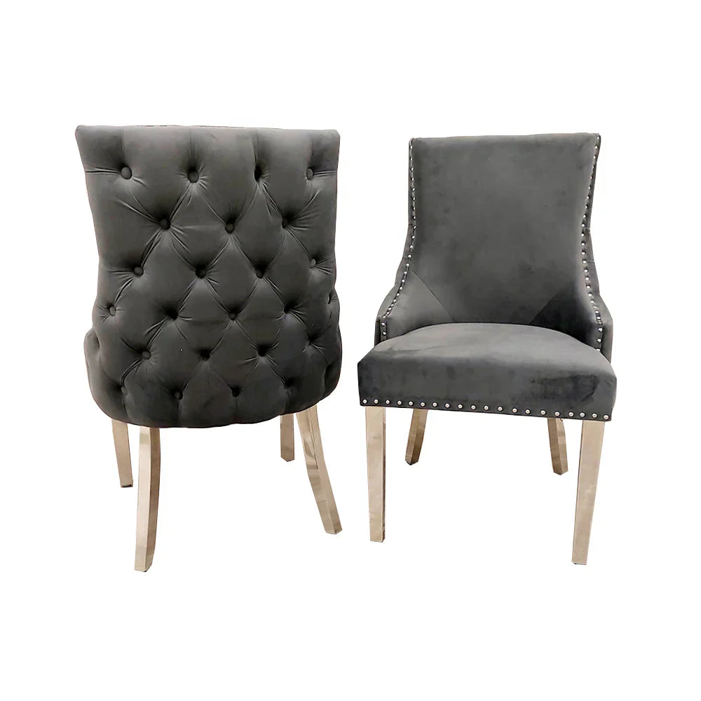 Kensington Dark Grey Button Back Plush Velvet Dining Chair Chrome Legs
