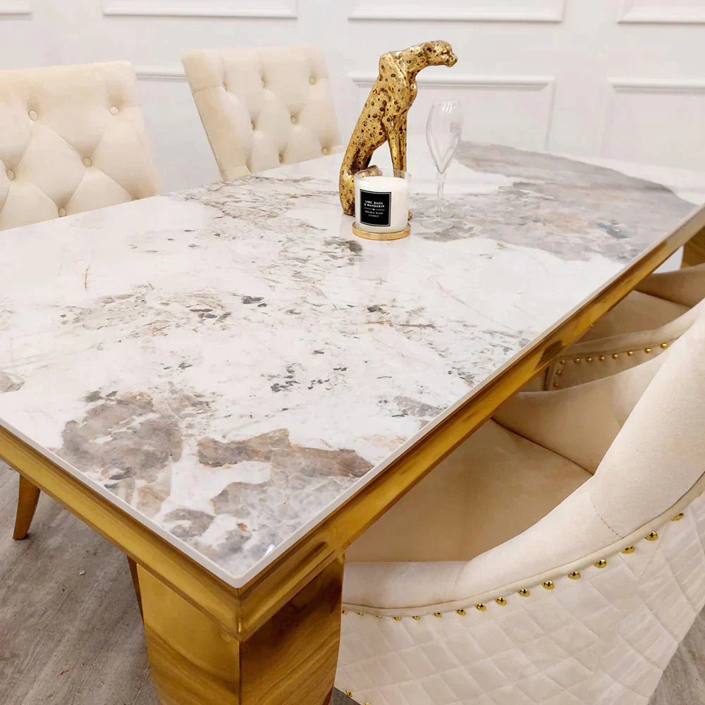 Louis Gold Marble Dining Table With Shimmer Cream Gold Ring Knocker Dining Chairs