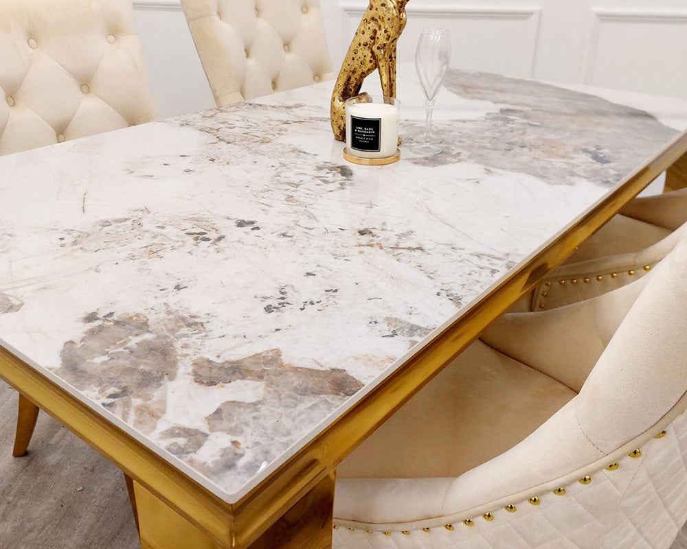 Louis Gold Pandora Gold Sintered Stone Dining Table With Gold Lion Knocker Dining Chairs-Esme Furnishings