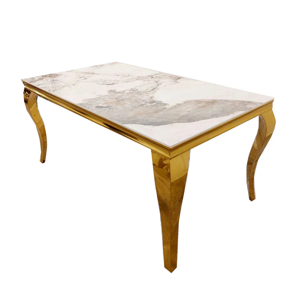 Louis Pandora Gold Marble Dining Table With Victoria Shimmer Velvet Lion Knocker Velvet Chairs