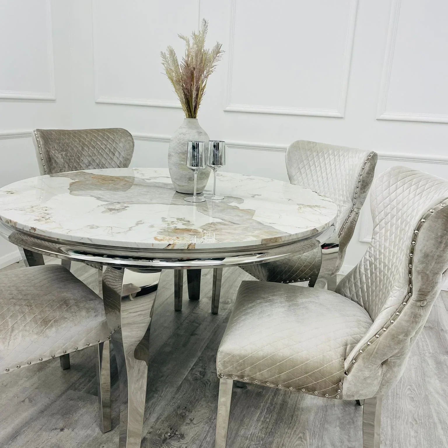 Louis 130cm Marble Round Dining Table + Valente Lion Dining Chairs