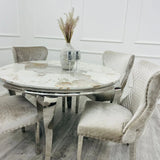 Louis 130cm Marble Round Dining Table + Valente Lion Dining Chairs