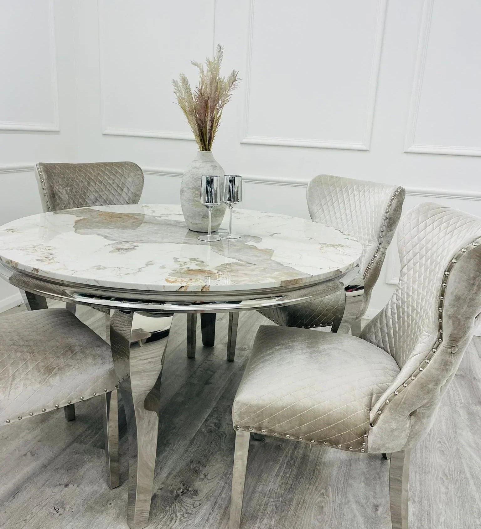 Louis 130cm Marble Round Dining Table + Valente Lion Dining Chairs