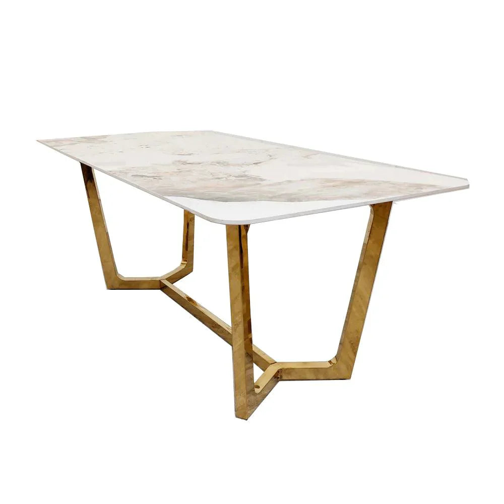 Lucien 180cm Gold Dining Table with Pandora Gold Sintered Stone Top + Etta Beige PU Leather Dining Chairs-Esme Furnishings