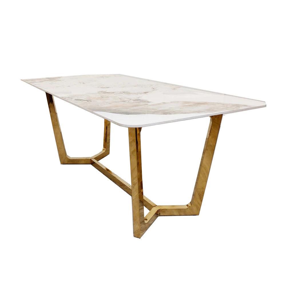 Lucien 180cm Gold Dining Table with Pandora Gold Sintered Stone Top + Gold Lion Knocker Dining Chairs-Esme Furnishings