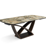 Lavish 200-300cm Italian Pandora Ceramic Marble Side Extending Dining Table With Milo Walnut Wooden Dining Chairs