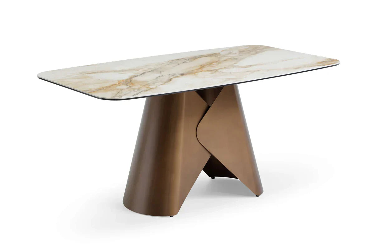 Levente 160cm Italian Brass & White Pandora Classico Ceramic Marble Dining Table
