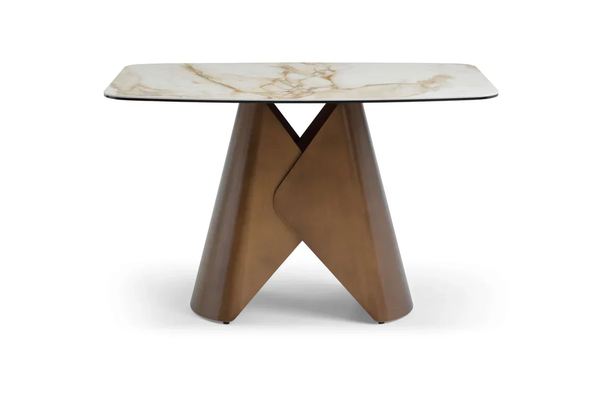 Levente 120cm Italian Brass & White Pandora Classico Ceramic Marble Dining Table