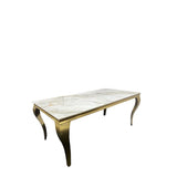 Louis Marble & Gold Dining Table With Lucy Quilted Gold Ring Knocker Velvet Chairs