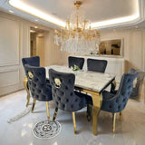 Louis Pandora Cream Gold Marble Dining Table With Victoria Gold Lion Knocker Velvet Chairs