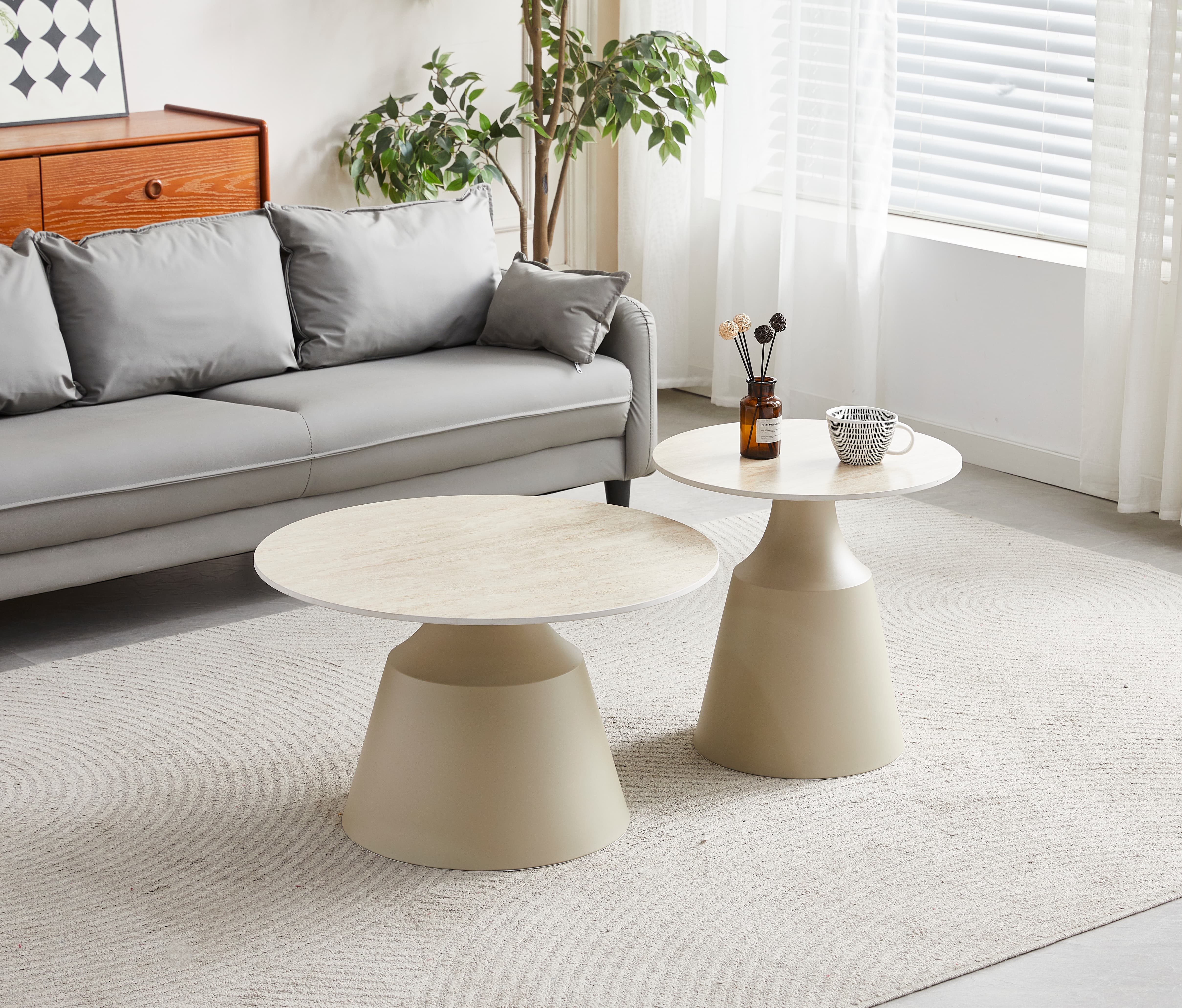 Luna Matt Taupe & Travertine Ceramic Marble Set of 2 Nest Of Tables