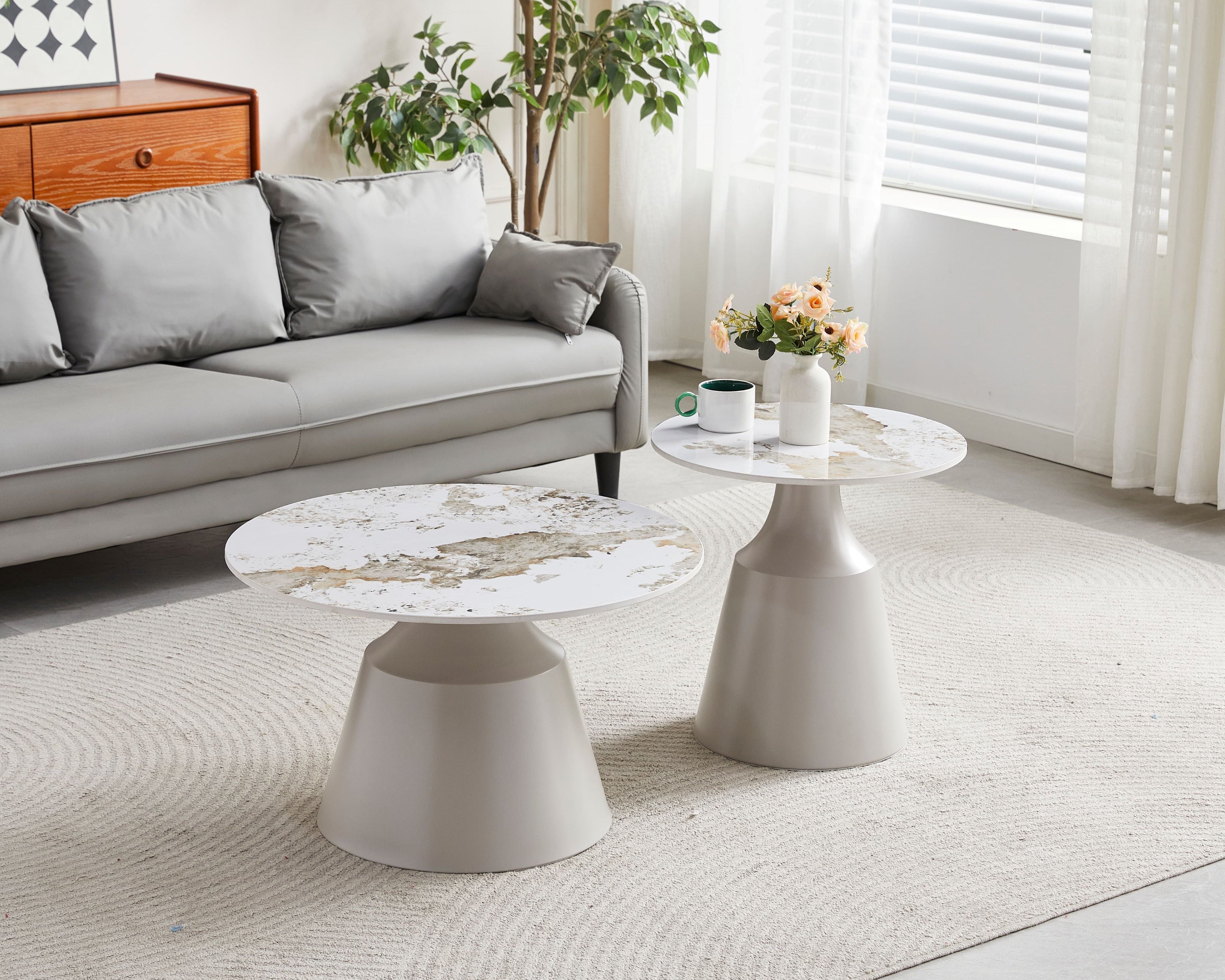 Luna Matt Grey & Pandora Ceramic Marble Set of 2 Nest Of Tables