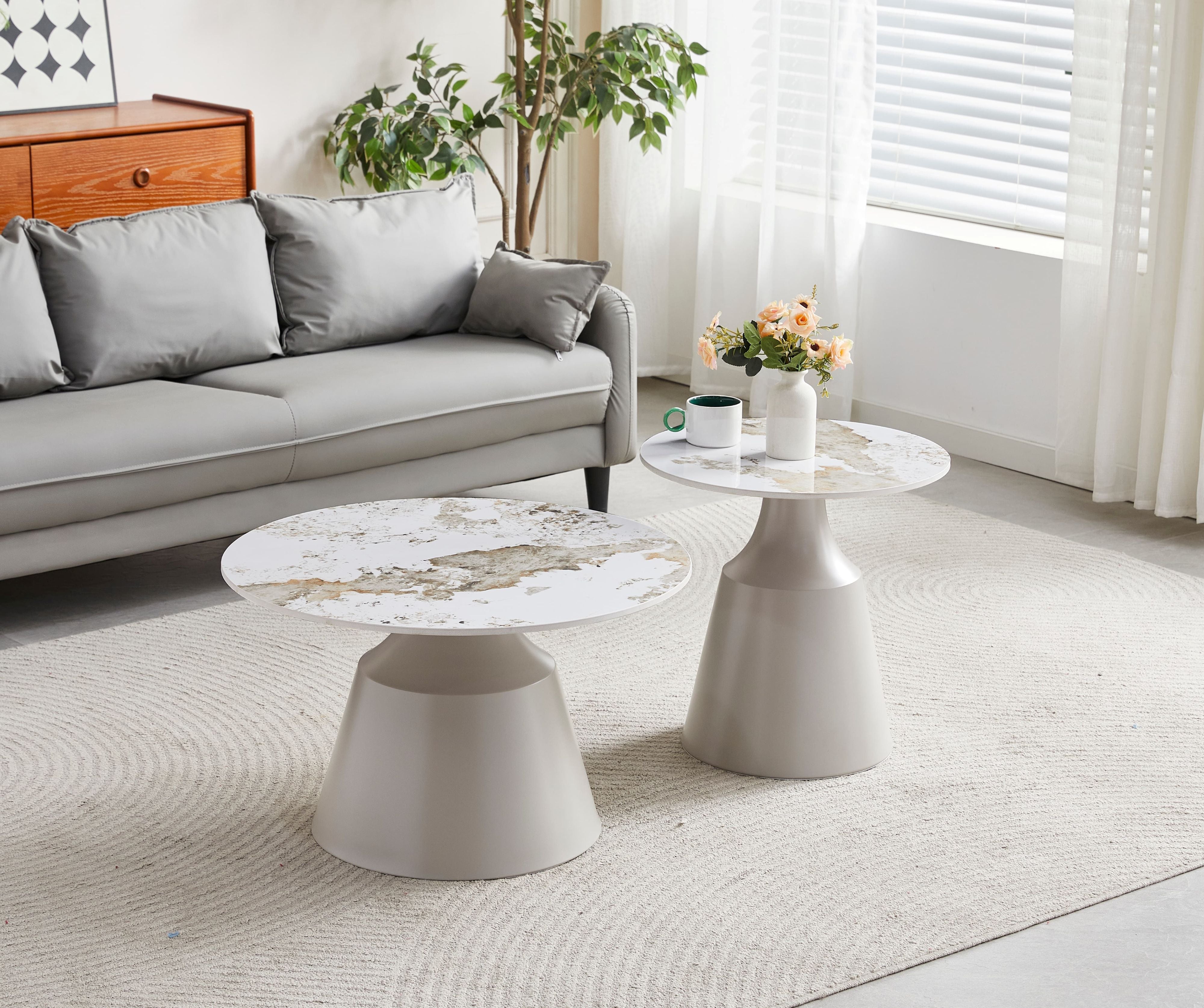Luna Matt Grey & Pandora Ceramic Marble Set of 2 Nest Of Tables