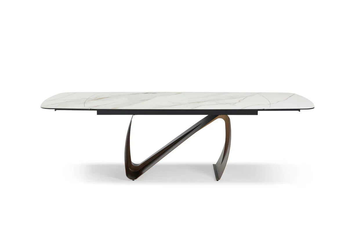 Lusso 180-260cm Italian Brushed Brass & Sunset Statuario Ceramic Marble Side Extending Dining Table