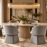 Monaco 160-240cm Pandora Beige Ceramic Marble Dining Table With Ravenna Grey Velvet Chairs