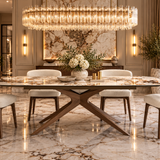 Serene 160-240cm Italian Walnut & Pandora Vendome Ceramic Marble Side Extending Dining Table With Luciana Walnut Wooden Cream Dining Chairs