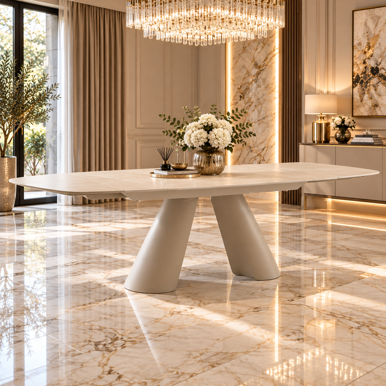Manhattan 160-240cm Beige Ceramic Stone Extending Marble Dining Table With Tuscany Swivel 360 Velvet Chairs