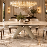 Leoni 160–240cm Cream Extending Ceramic Dining Set with Luciano Cream Fabric Chairs