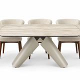 Leoni 160–240cm Cream Extending Ceramic Dining Set with Luciano Cream Fabric Chairs