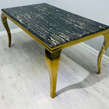 Louis Gold Black Marble Dining Table With Valentino Gold Lion Knocker Dining Chairs