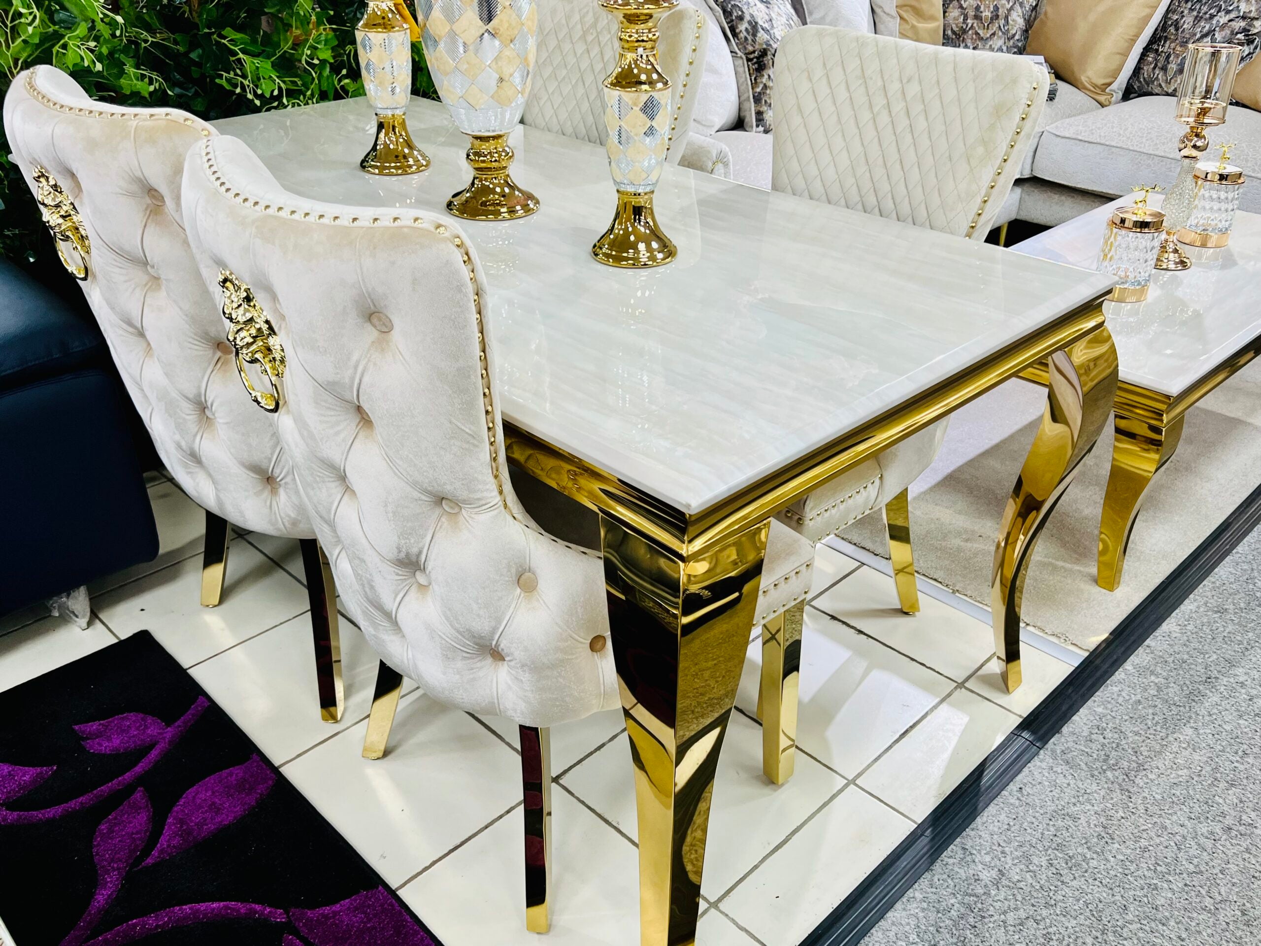Sofia Cream & Gold Marble Dining Table with Victioria Lion Knocker Chairs
