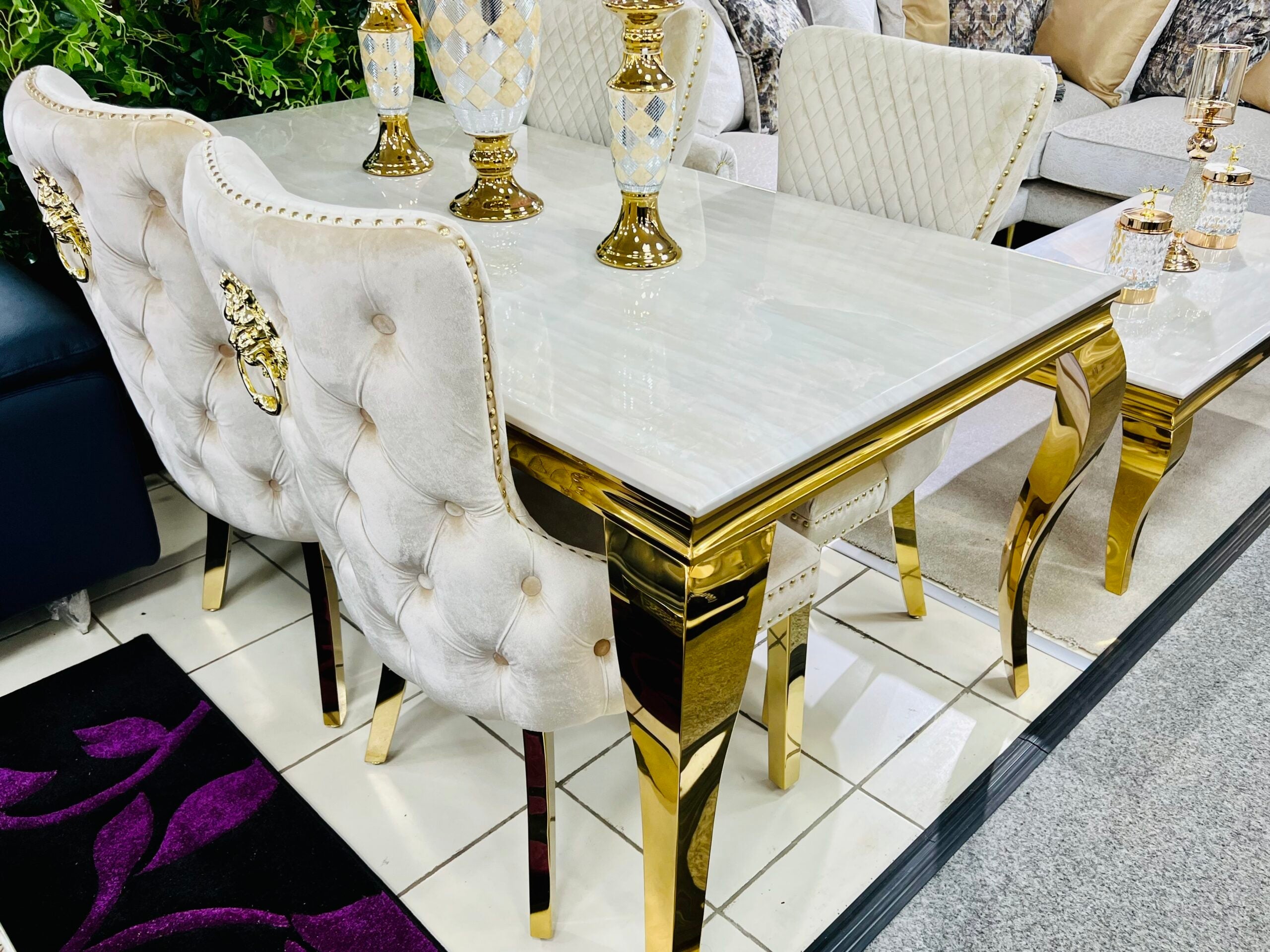 Sofia Cream & Gold Marble Dining Table with Victioria Lion Knocker Chairs