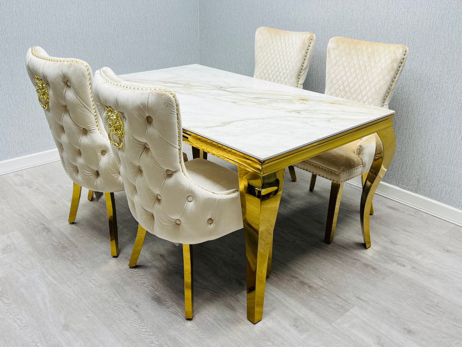 Louis 160cm Marble & Gold Dining Table With Victoria Gold Lion Knocker Velvet Chairs