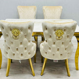 Elina 180cm Gold Marble Dining Table with Victoria Lion Knocker Chairs