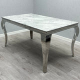 Louis 120cm Marble & Chrome Dining Table With Grey Lion Knocker Velvet Chairs & Bench