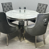 Louis Grey Round 110cm Marble Dining Table + Grey Lion Knocker Velvet Dining Chairs