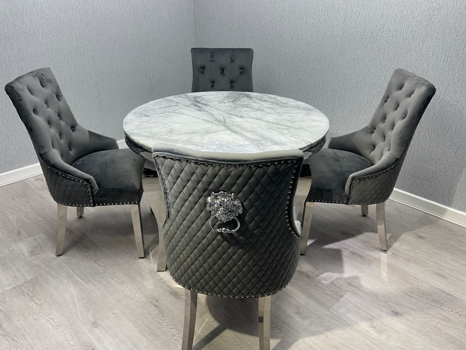 Louis Grey Round 110cm Marble Dining Table + Grey Lion Knocker Velvet Dining Chairs