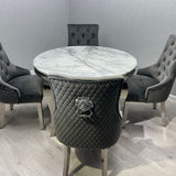 Louis Grey Round 130cm Marble Dining Table + Grey Lion Knocker Velvet Dining Chairs