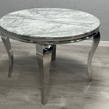 Louis Grey Round 130cm Marble Dining Table + Grey Lion Knocker Velvet Dining Chairs