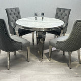 Louis Grey Round 130cm Marble Dining Table + Grey Lion Knocker Velvet Dining Chairs