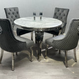 Louis Grey Round 130cm Marble Dining Table + Grey Lion Knocker Velvet Dining Chairs