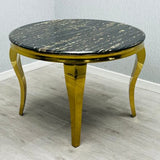Louis Gold Round Marble 110cm Dining Table With Valentino Gold Lion Knocker Velvet Dining Chairs