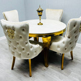 Sofia Round Cream & Gold Marble Dining Table with Victoria Knocker Chairs
