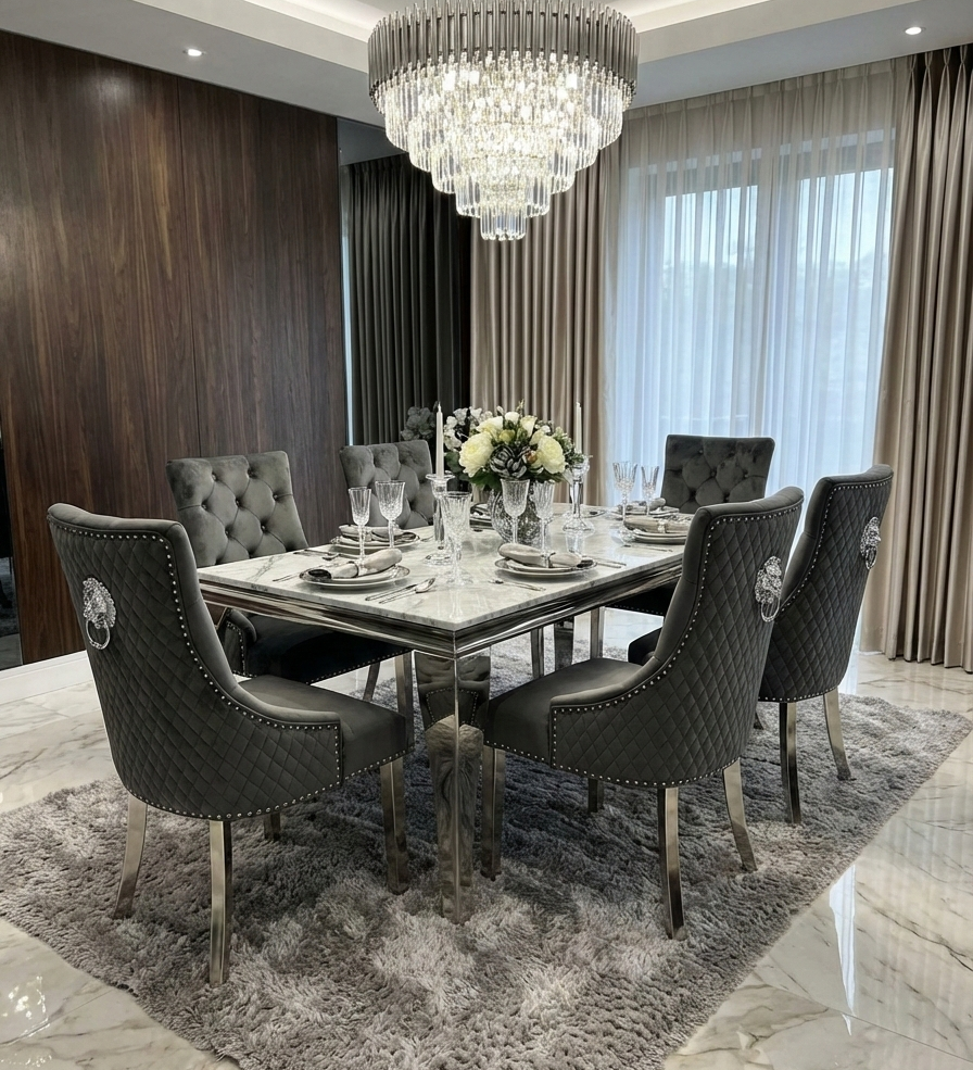 Sofia Marble Dining Table with Majestic Lion Knocker Chairs