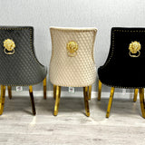 Sofia Cream Gold Marble Dining Table with Majestic Gold Lion Knocker Chair