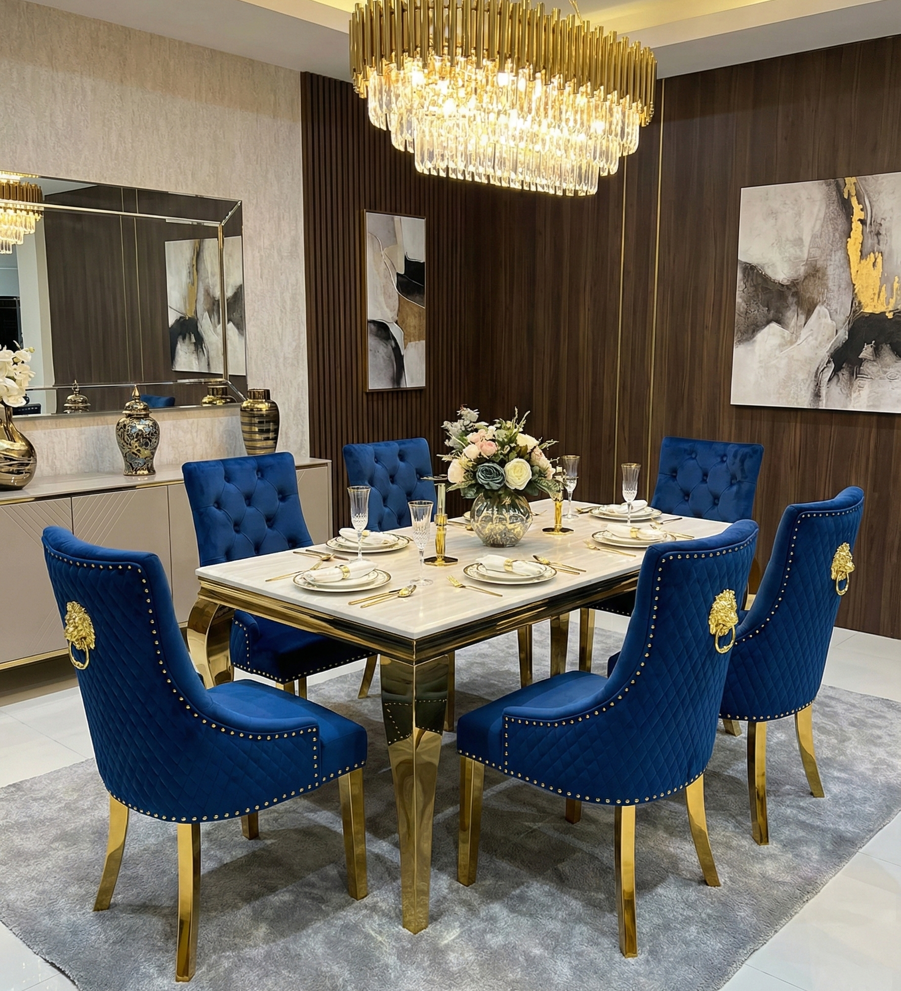 Sofia Cream Gold Marble Dining Table with Majestic Gold Lion Knocker Chair